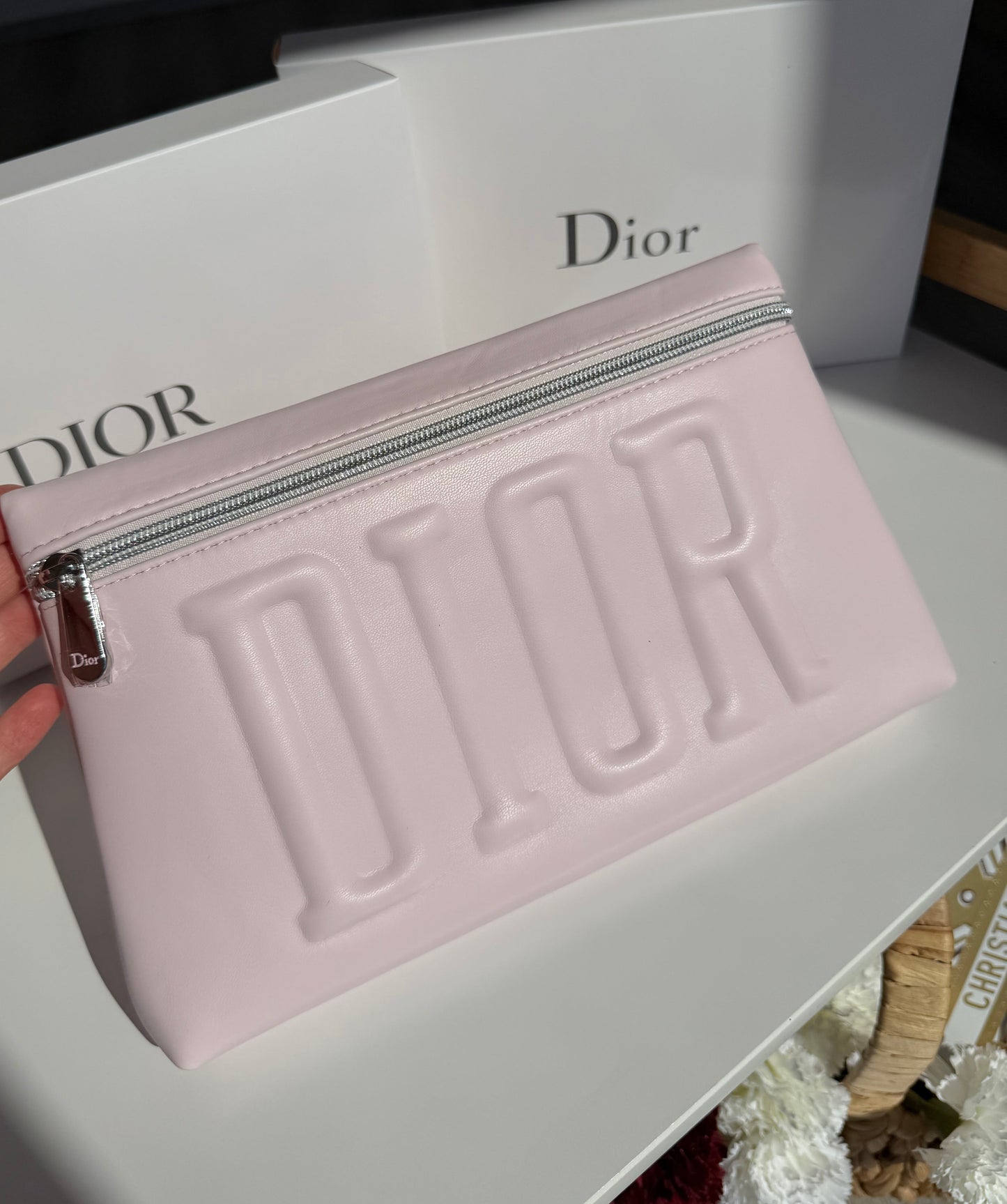 Christian Dior Pink Embossed Logo Zip Pouch